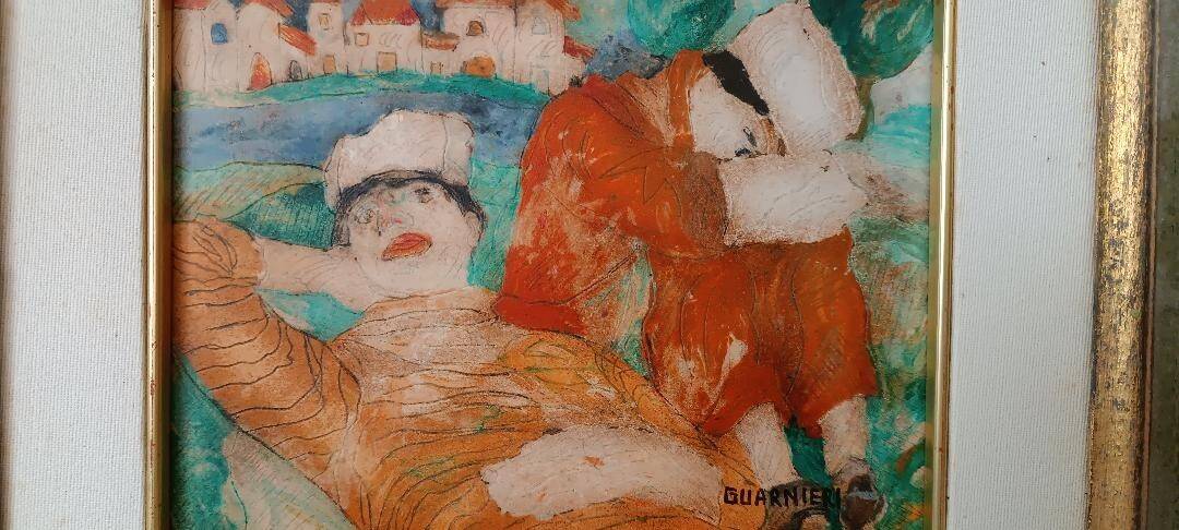 Figurative oil painting on cardboard with frame 1982 Guarnieri Carlo