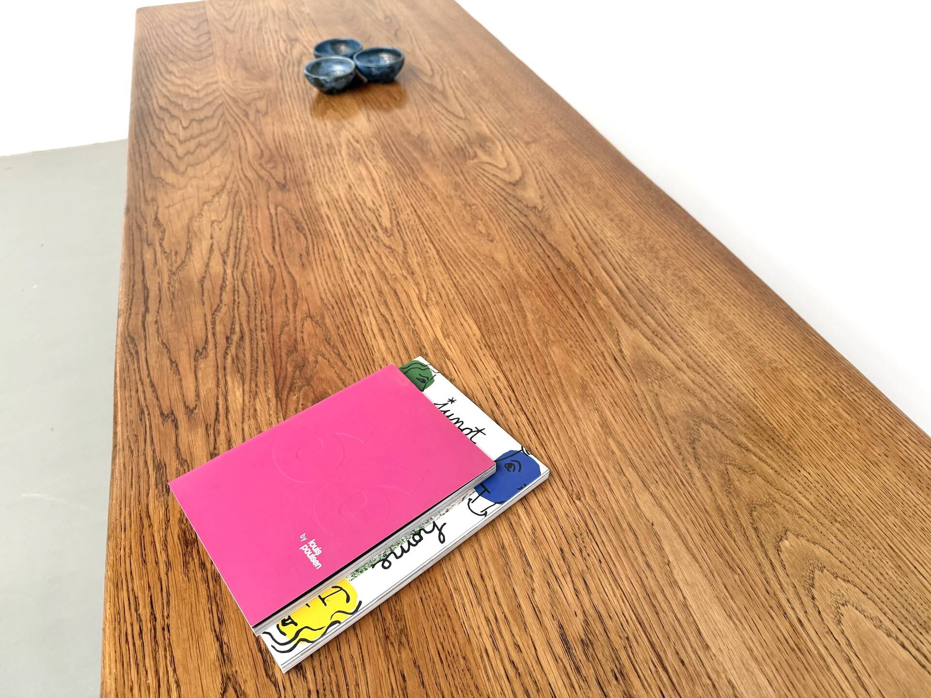 Solid oak farmhouse table, square legs.