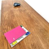 Solid oak farmhouse table, square legs.