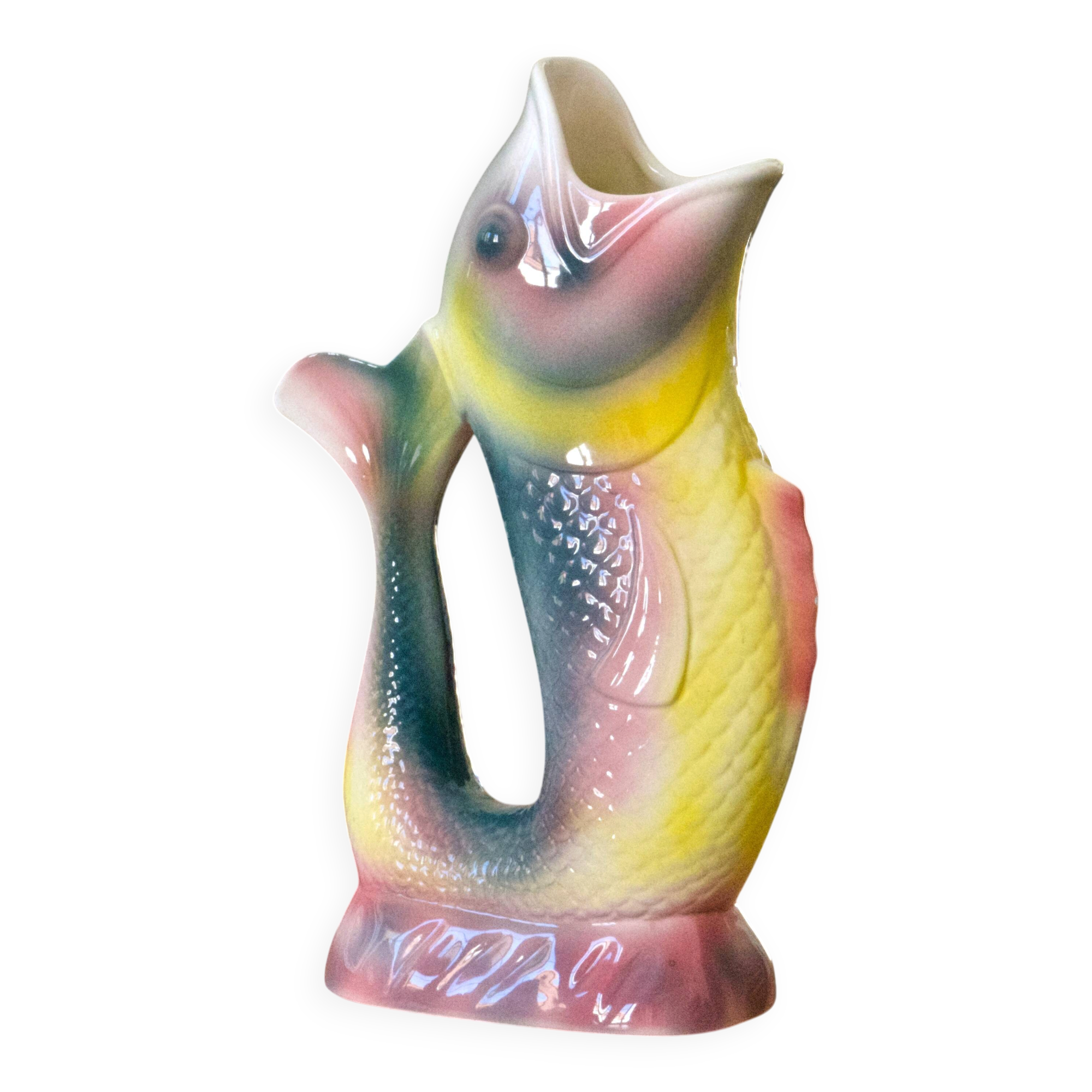 Large antique animal-shaped barbotine vase fish signed KG Lunéville