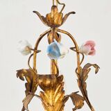 Vintage Italian Roses Porcelain Chandelier Gold Gilded Baroque Rococco 1950s