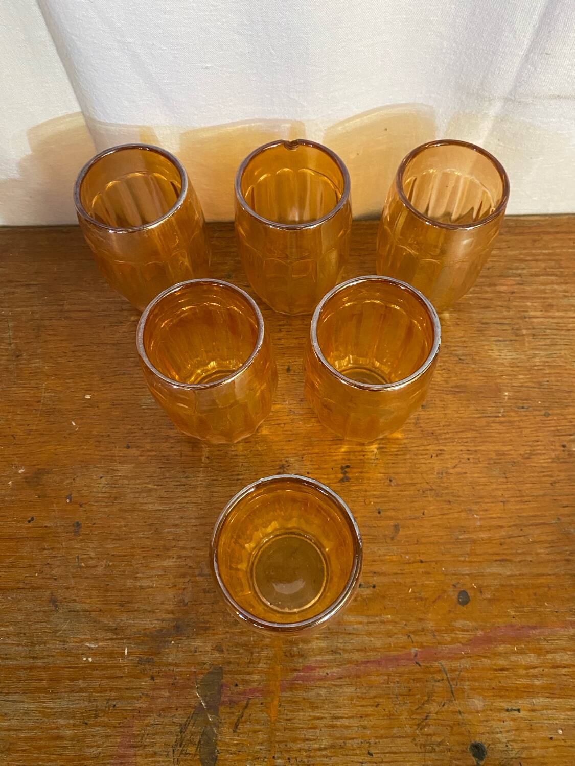 6 verres gobelets vintage en verre orange irisé