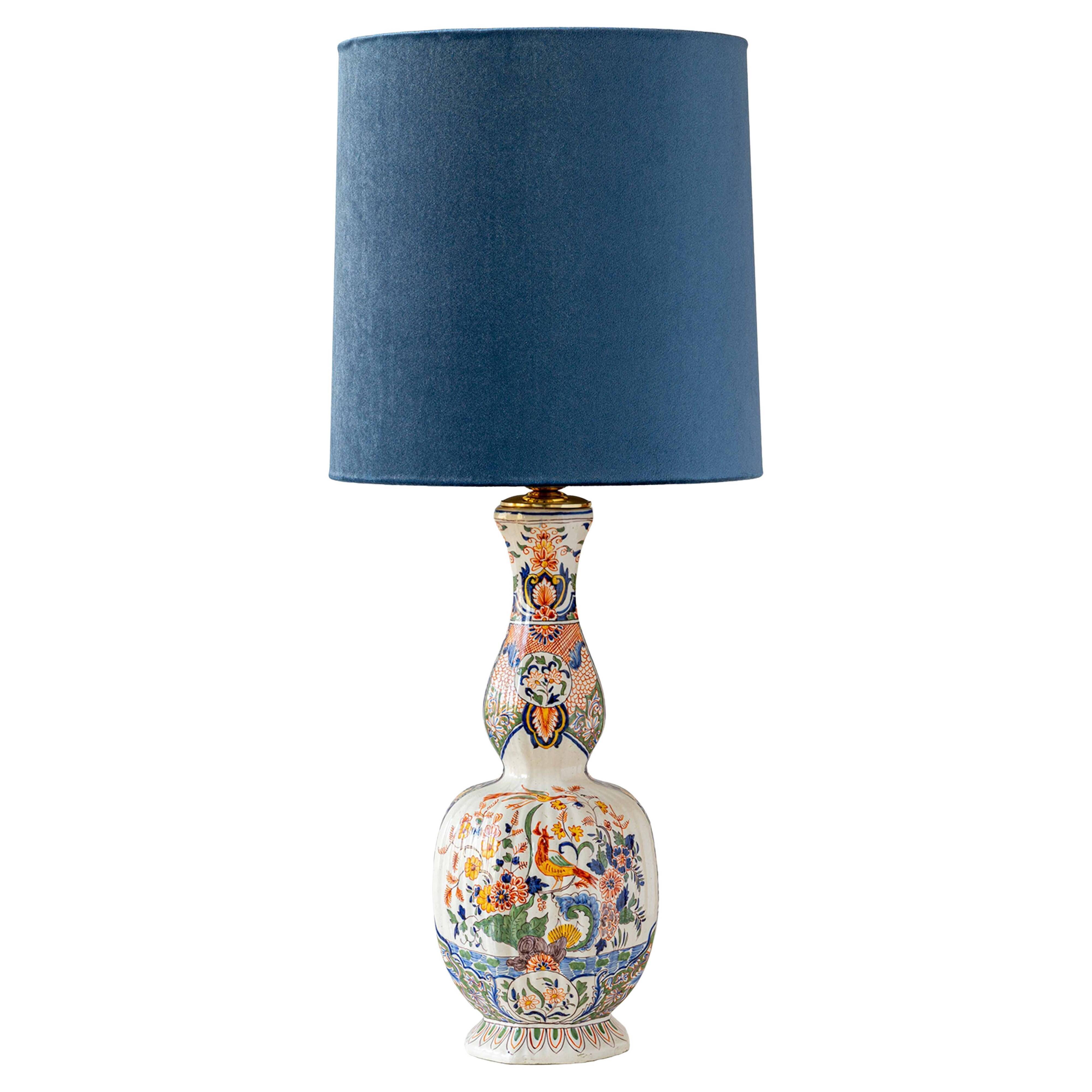 Delft-style ceramic table lamp from France around 1900 with a new blue velvet shade.