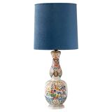 Delft-style ceramic table lamp from France around 1900 with a new blue velvet shade.