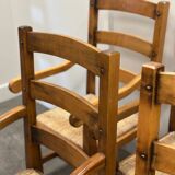 Set of 5 large French oak dining armchairs with rush seats, 1970s