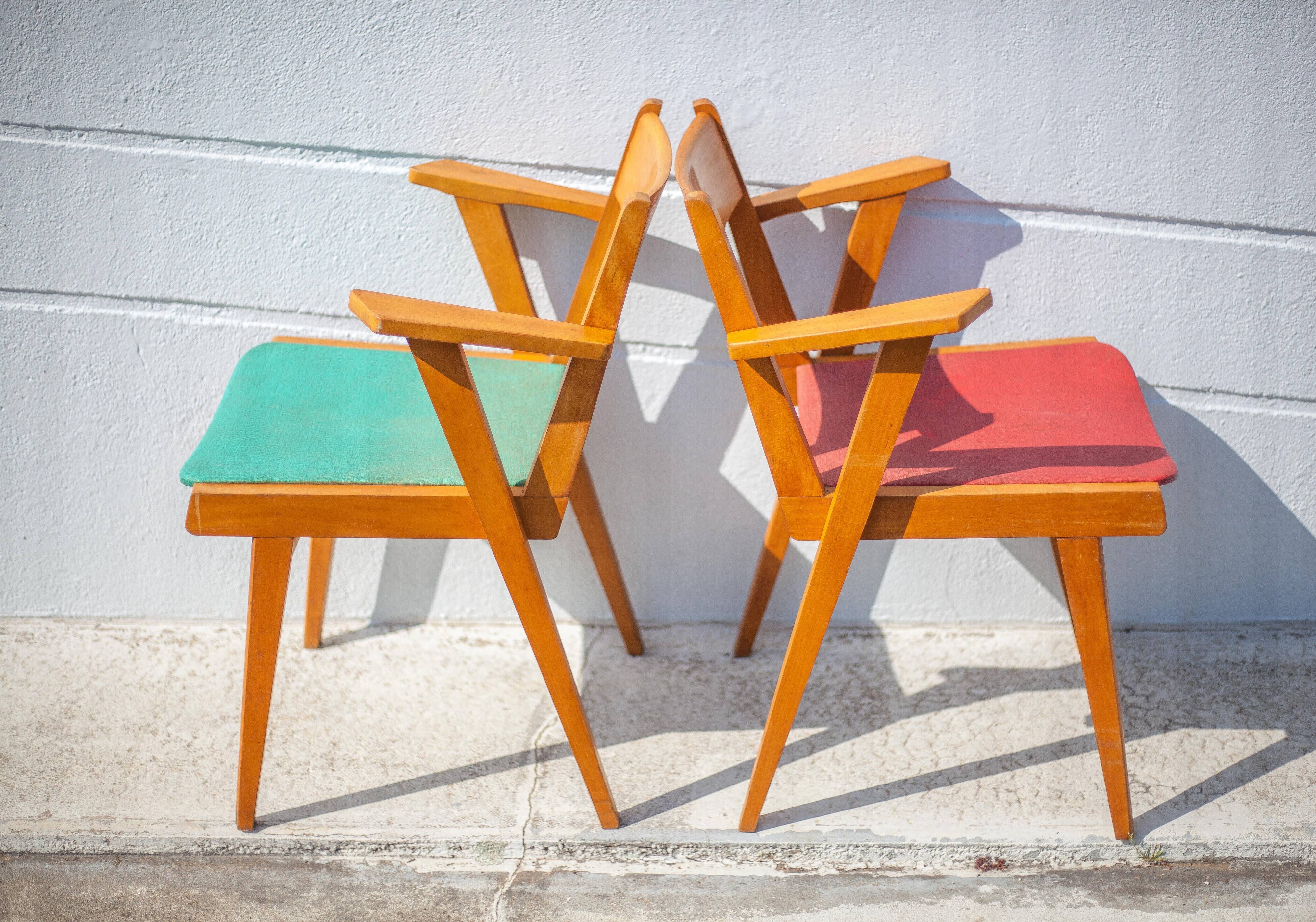 Pair of wooden and skai chairs from the 50s, vintage chairs, chair with armrests, retro