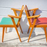 Pair of wooden and skai chairs from the 50s, vintage chairs, chair with armrests, retro