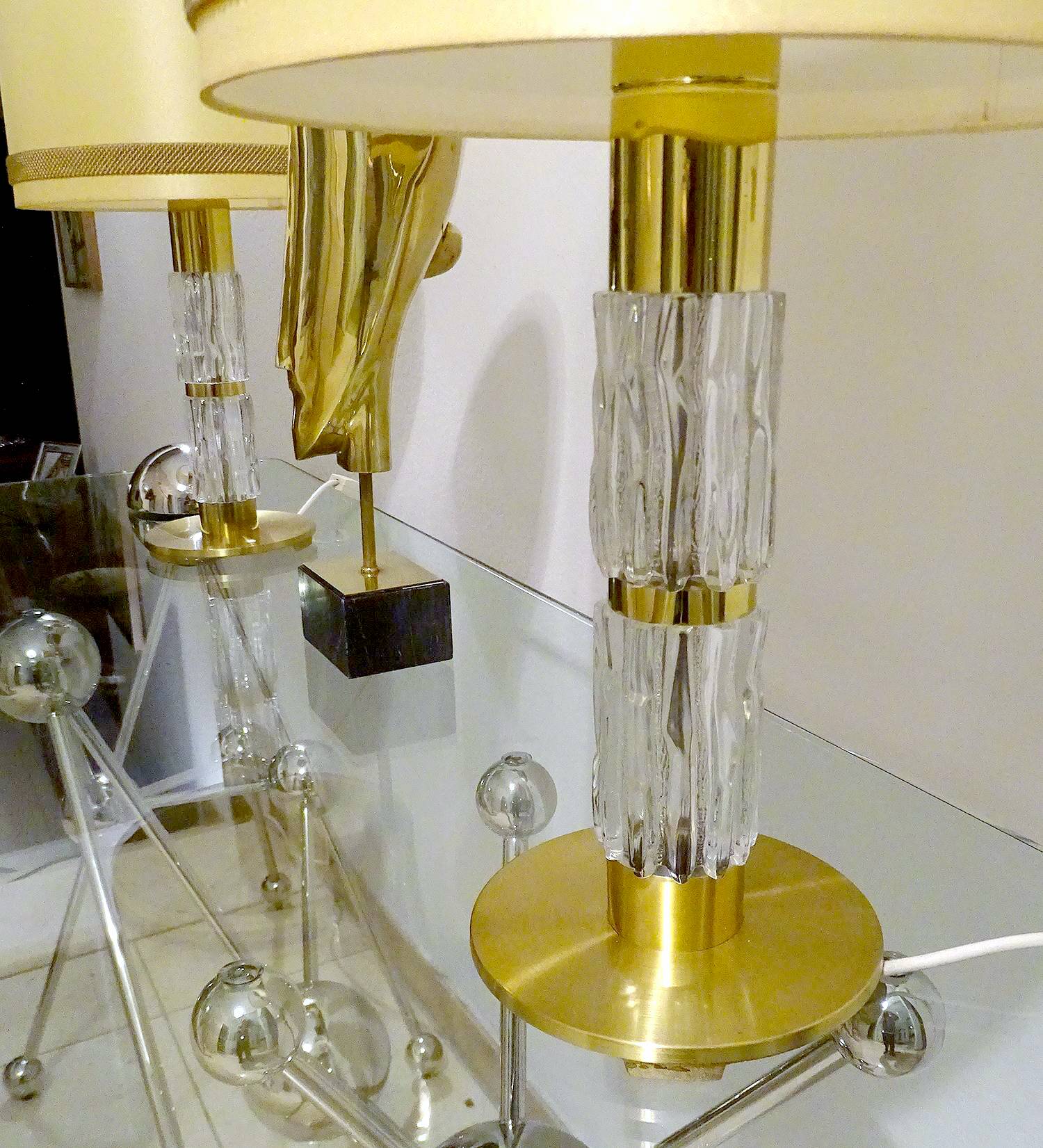 Pair Large Vintage Lamps, Glass & Brass