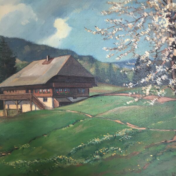 Tableau ancien chalet et arbre en fleurs