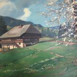 Old cottage and flowering tree table