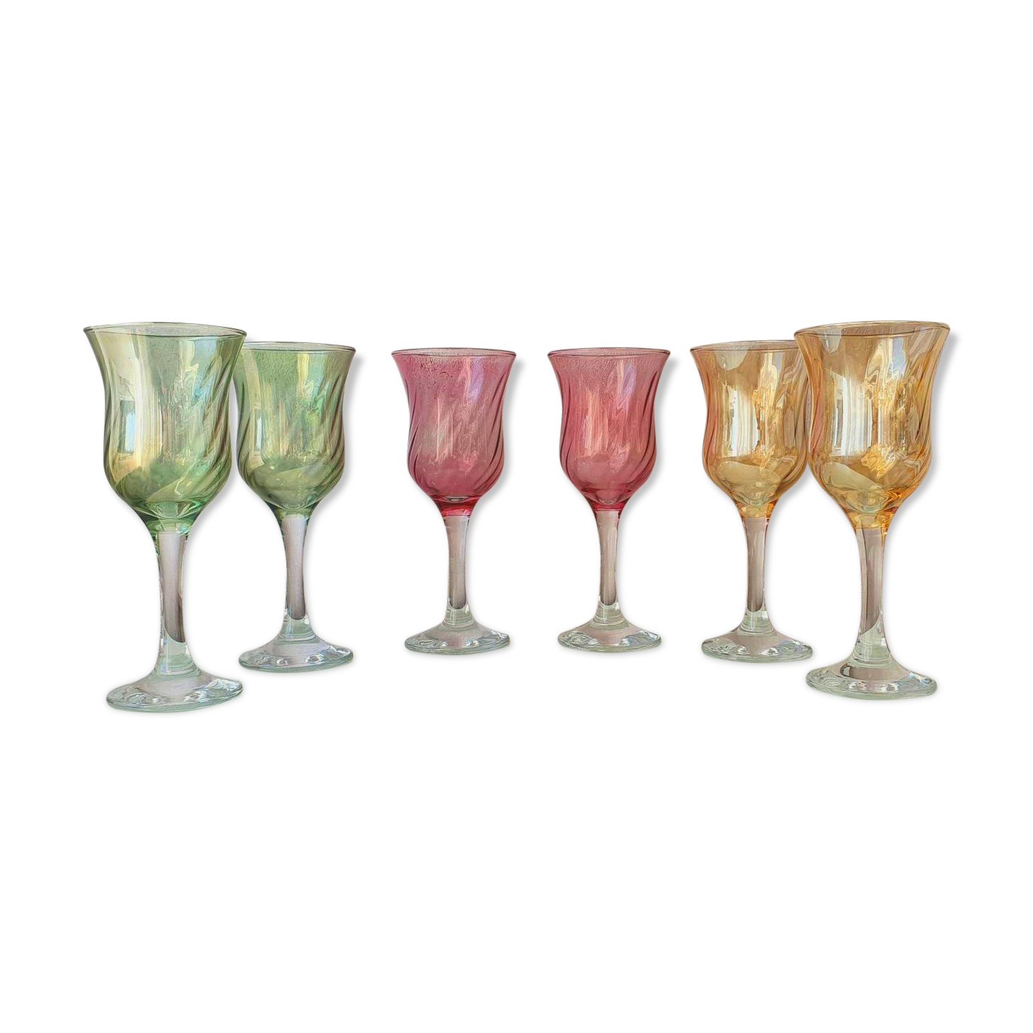 Set of 6 pastel colors 80s crystal wine glasses