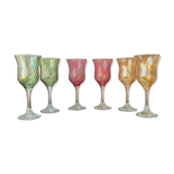 Set of 6 pastel colors 80s crystal wine glasses