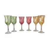 Set of 6 pastel colors 80s crystal wine glasses