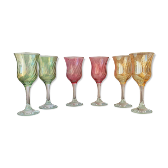 Ensemble de 6 verres à vin en cristal couleurs pastel années 80