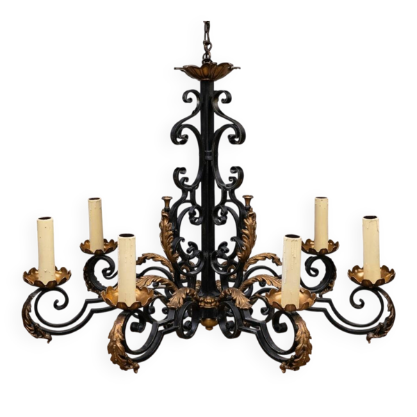 Lustre en fer forgé patiné noir et doré – 10 lumières – Style Louis XIV — Beyit