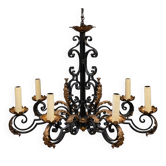 Lustre en fer forgé patiné noir et doré – 10 lumières – Style Louis XIV