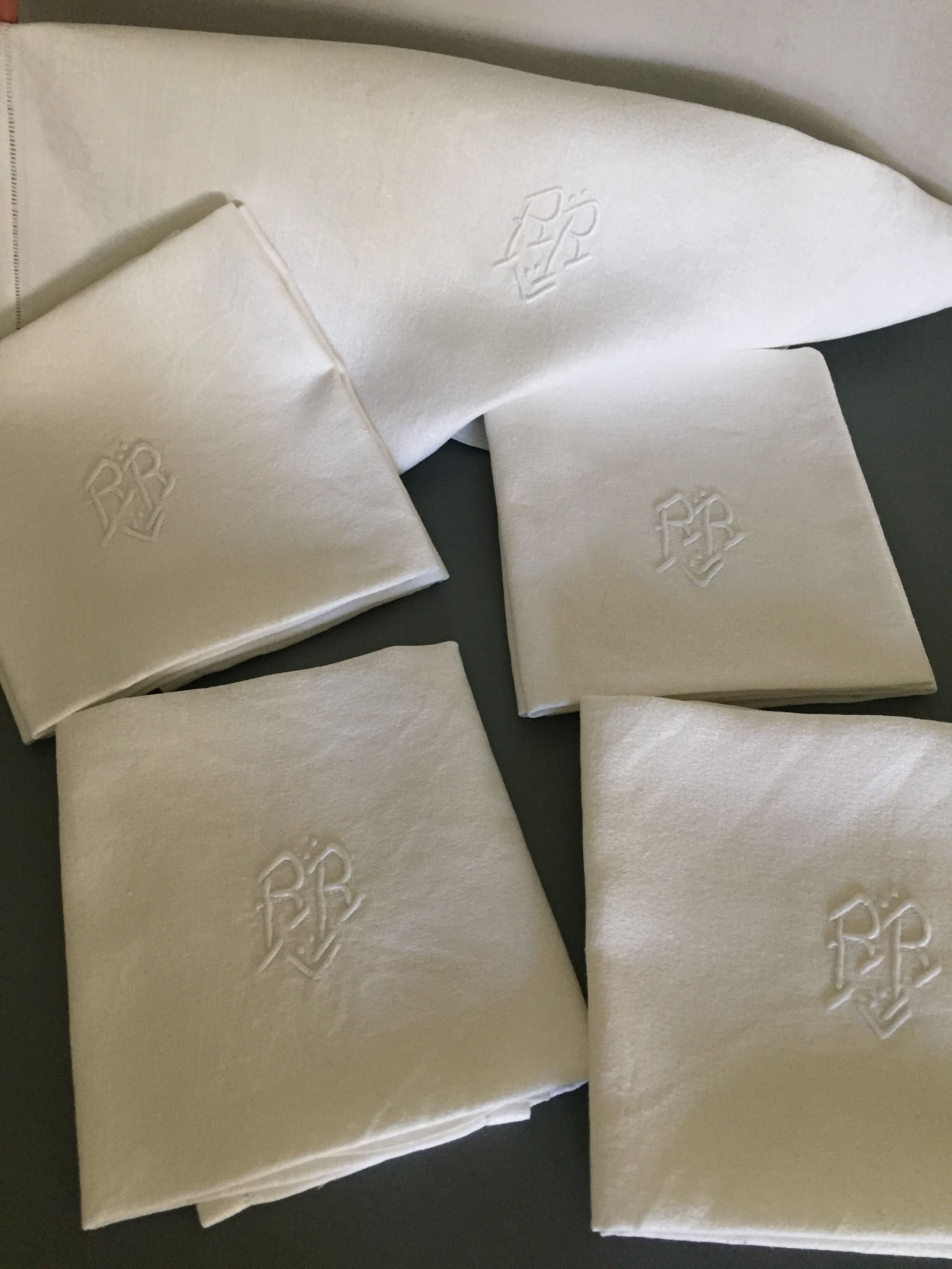 8 damask napkins, monogram, old linen