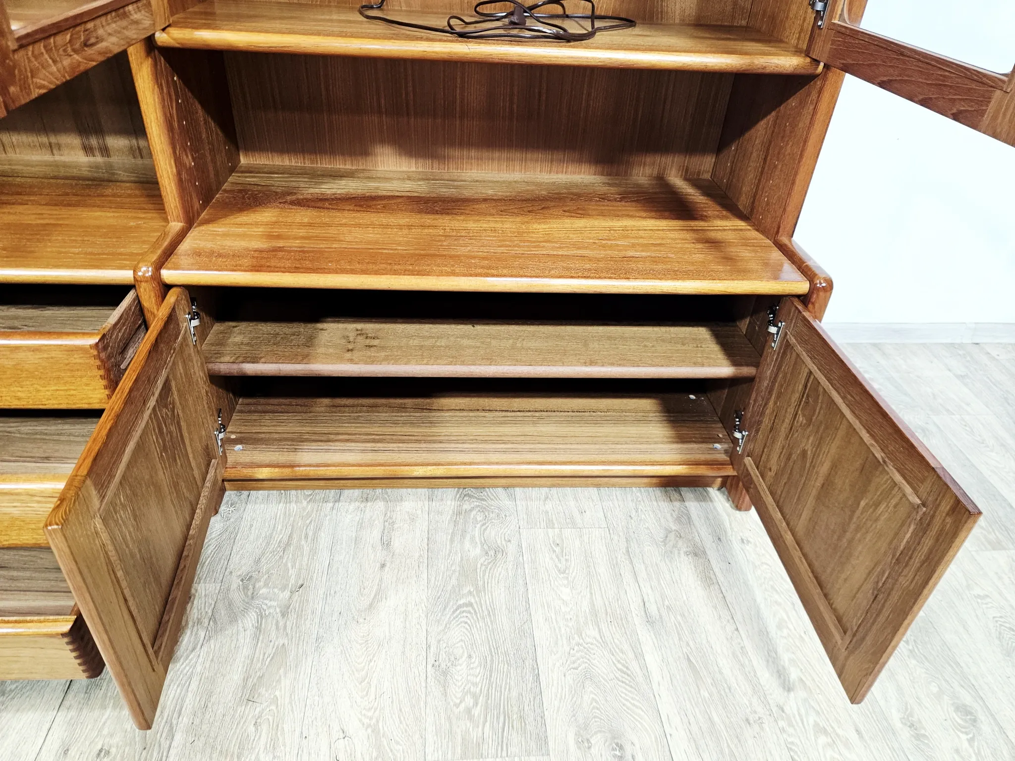 Multifunctional, modular shelving unit/wall system, teak, Denmark, 60s/70s