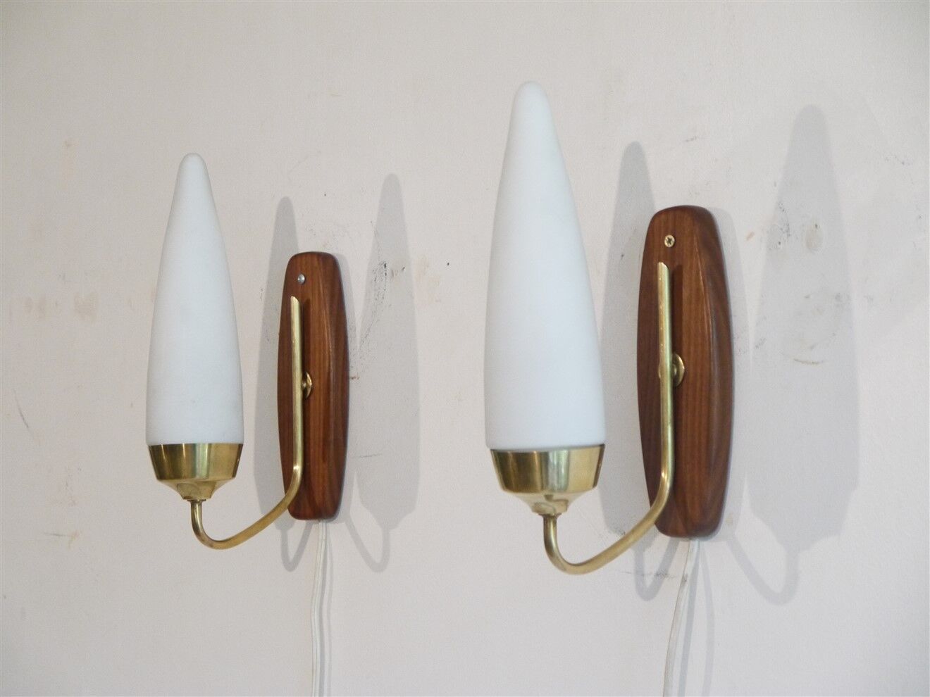 Pair of Danish wall lamps in teak and opaline 1960