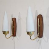 Pair of Danish wall lamps in teak and opaline 1960