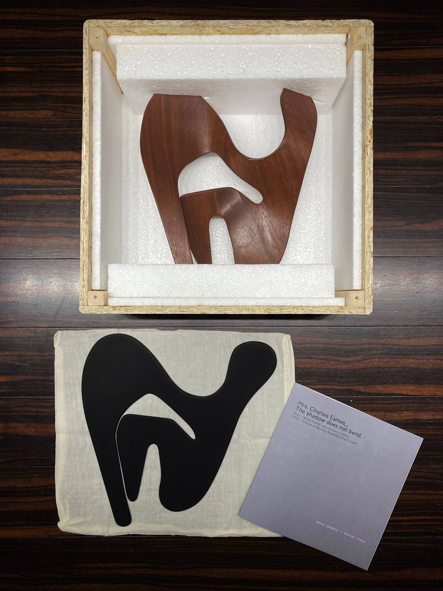 Mrs. Charles Eames_ The shadow does not bend, walnut plywood sculpture