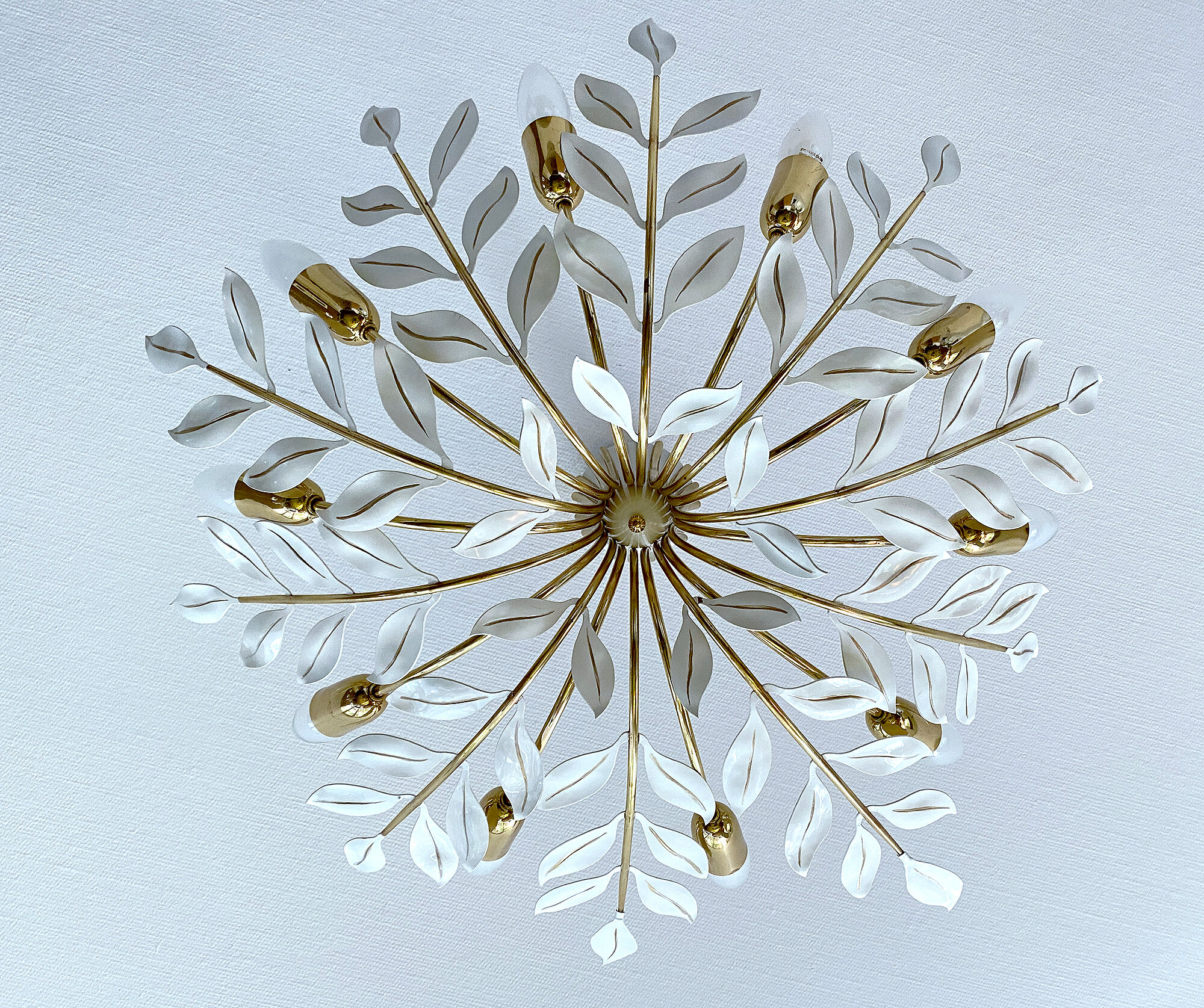 Large Pendant Lamp Vintage Pattern Bouquet Leaves, Brass, White Gold, 50s