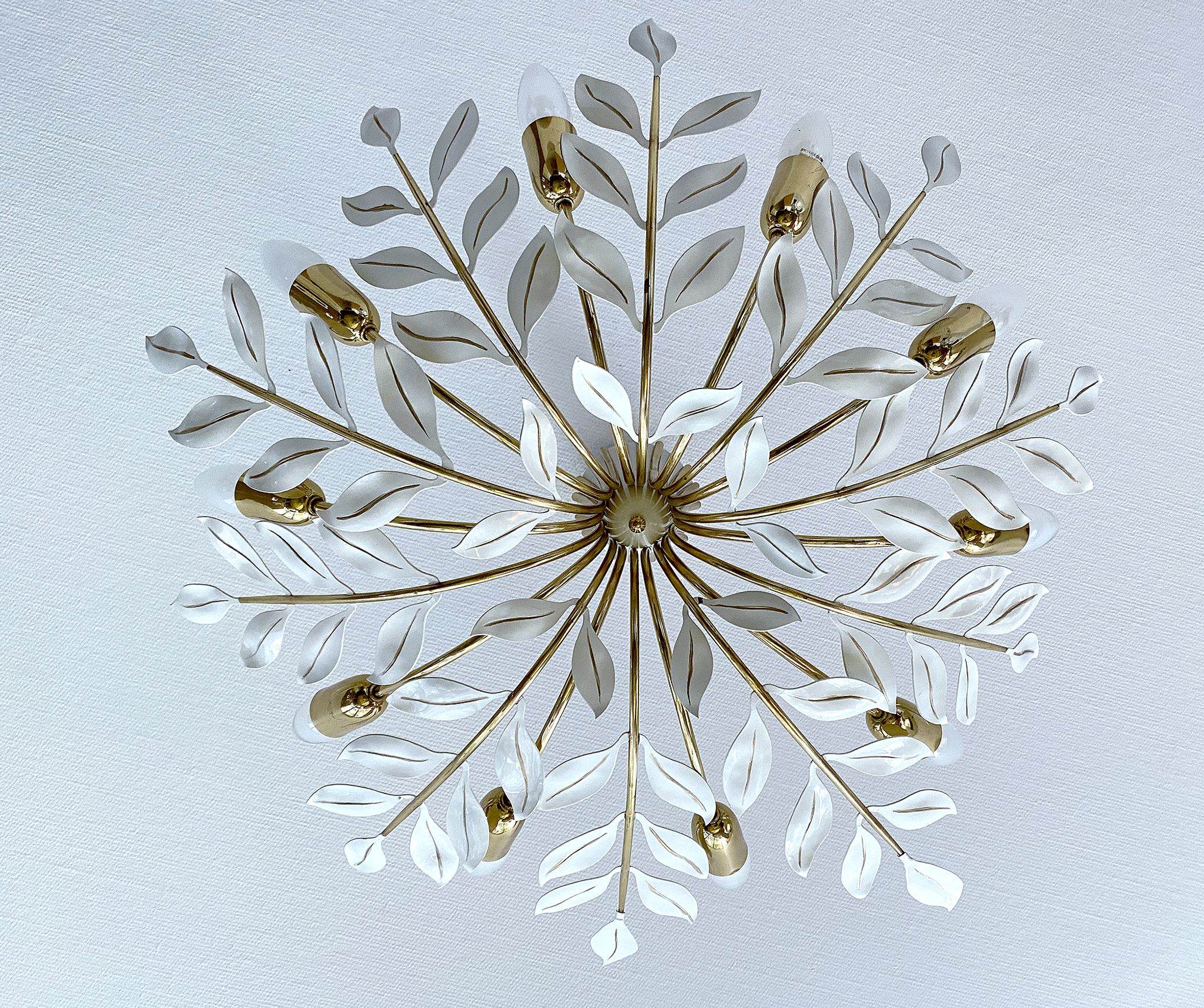 Large Pendant Lamp Vintage Pattern Bouquet Leaves, Brass, White Gold, 50s