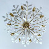 Large Pendant Lamp Vintage Pattern Bouquet Leaves, Brass, White Gold, 50s