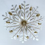 Large Pendant Lamp Vintage Pattern Bouquet Leaves, Brass, White Gold, 50s