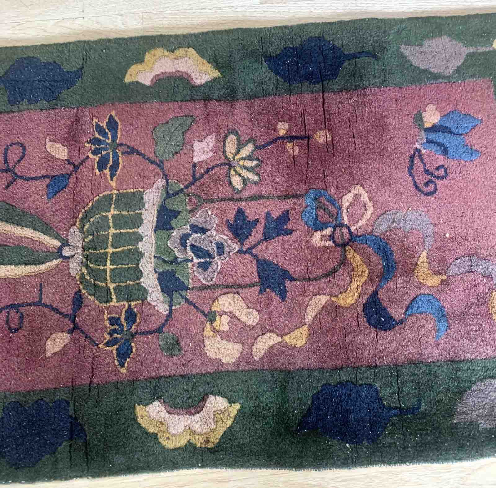 Chinese Art Deco handmade antique carpet 64cm x 128cm 1920s