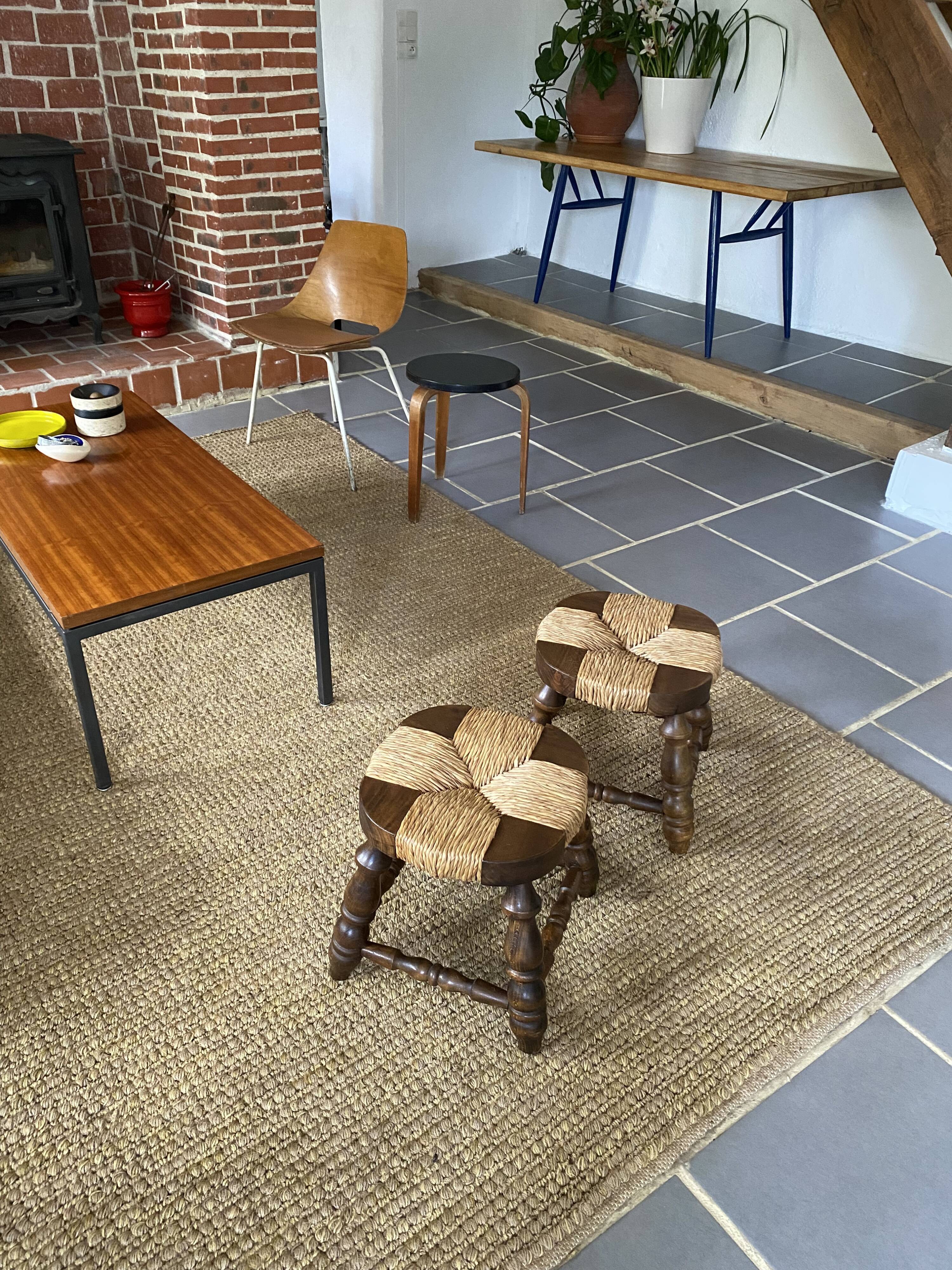 Paire de tabourets bois et paille vintage
