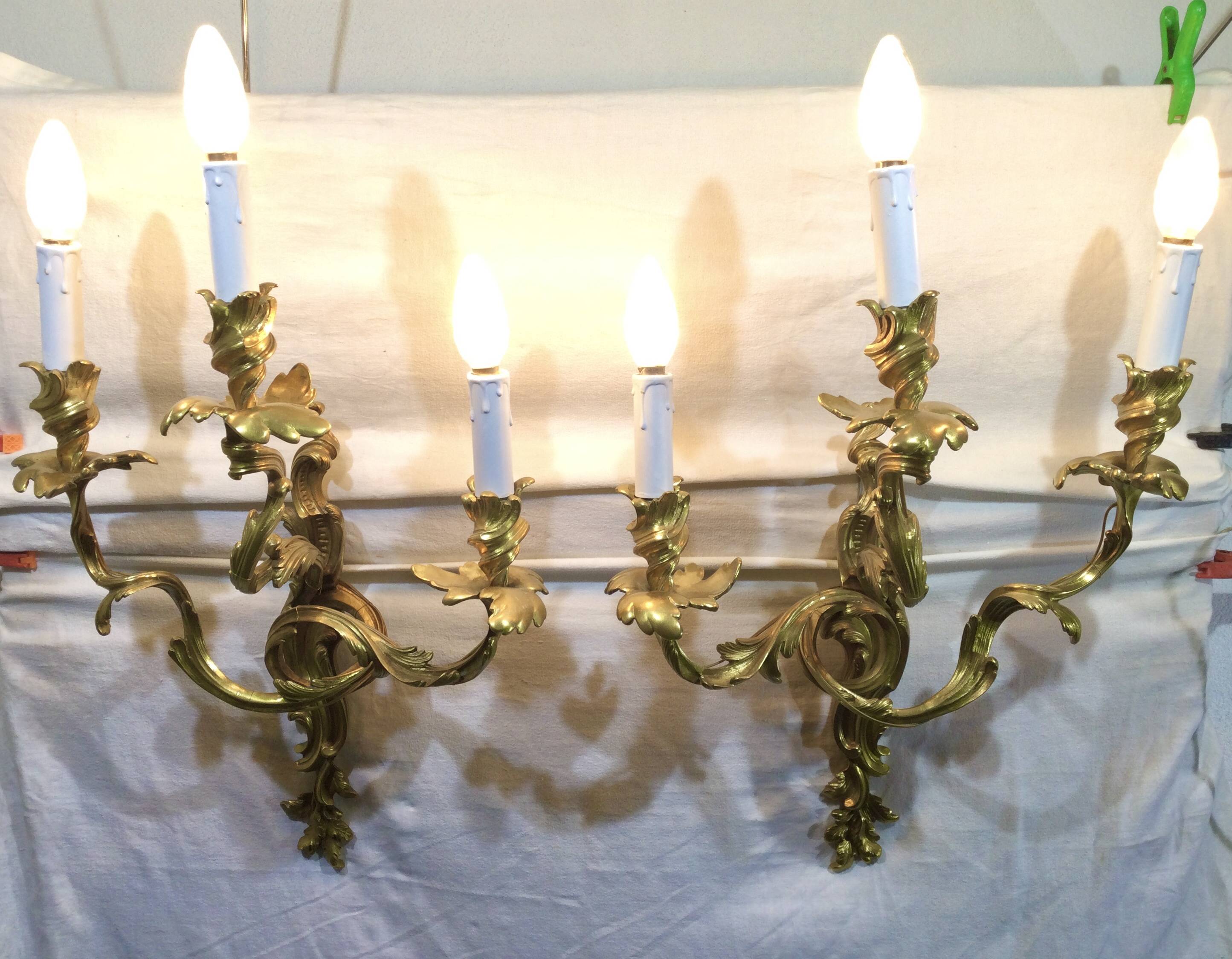 Pair of sconces Bronze 3 lights Louis XV