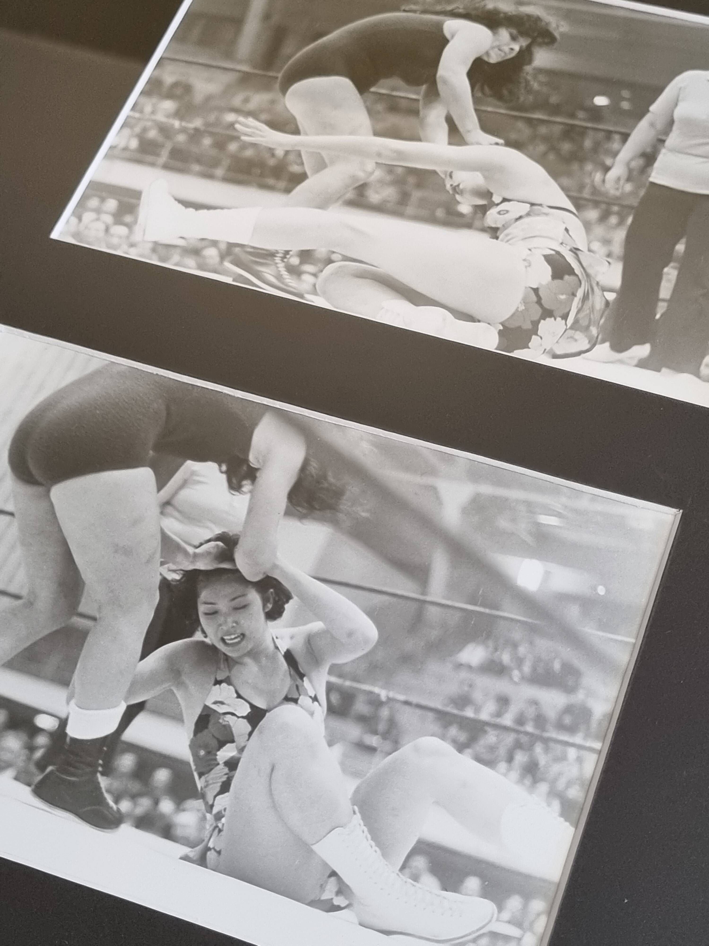 Vintage framed silver prints, women's wrestling, 1960s, 31 x 41 cm