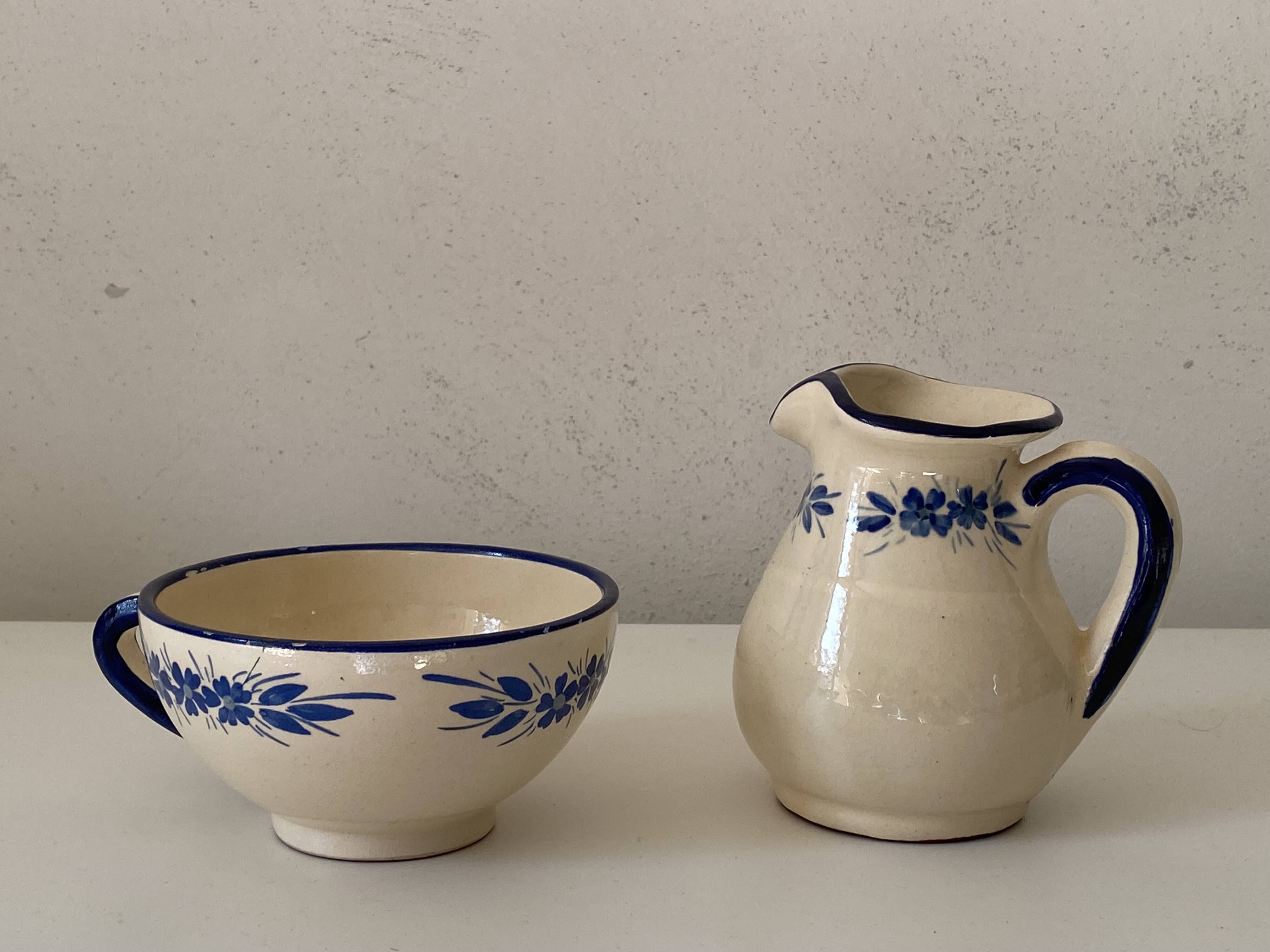 Handcrafted ceramic pitcher and bowl signed – blue decor – vintage tableware