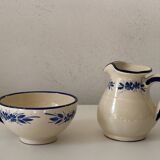 Handcrafted ceramic pitcher and bowl signed – blue decor – vintage tableware