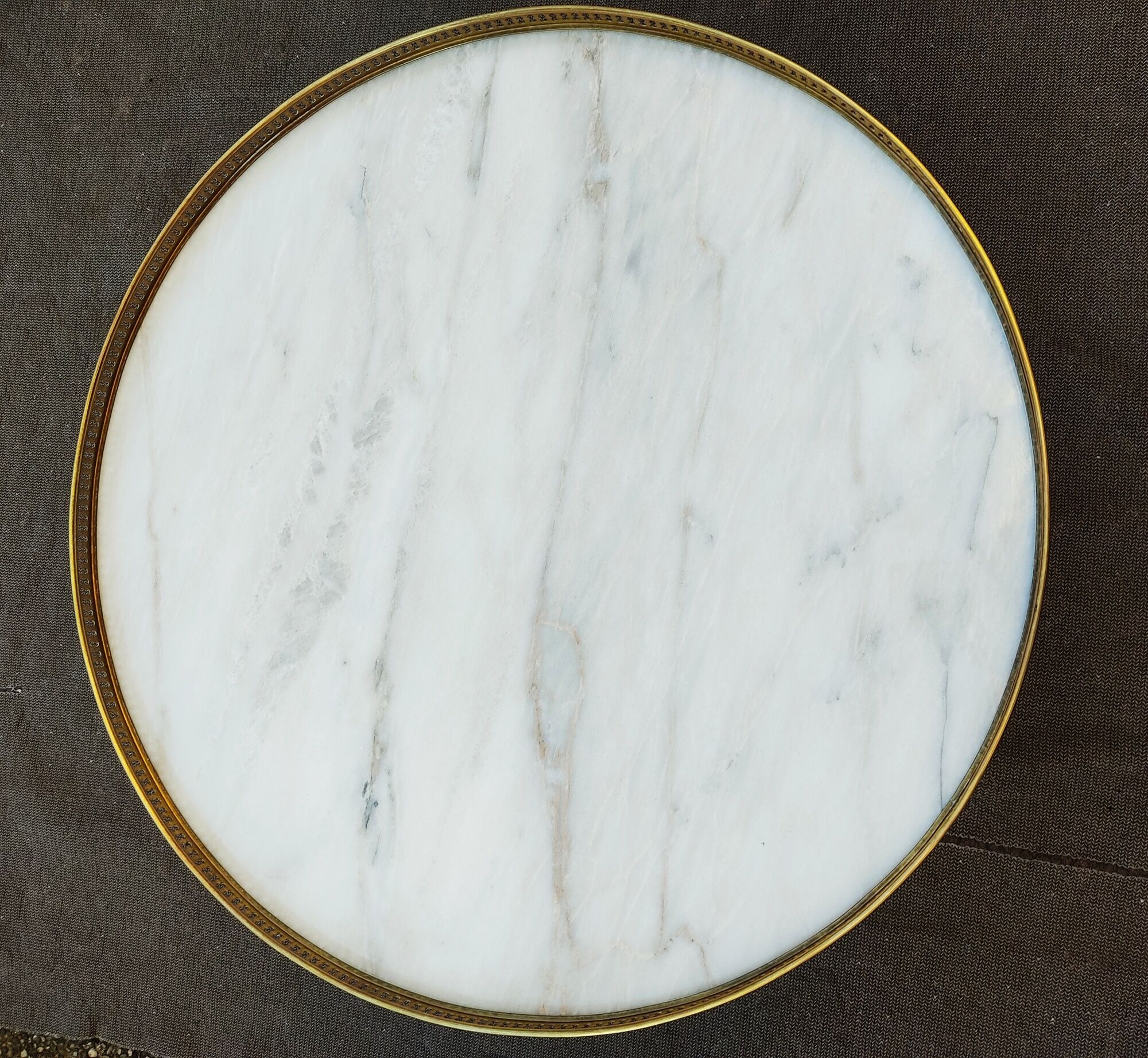 French hot water bottle table in Louis XVI style (1890); marble top and bronze gallery