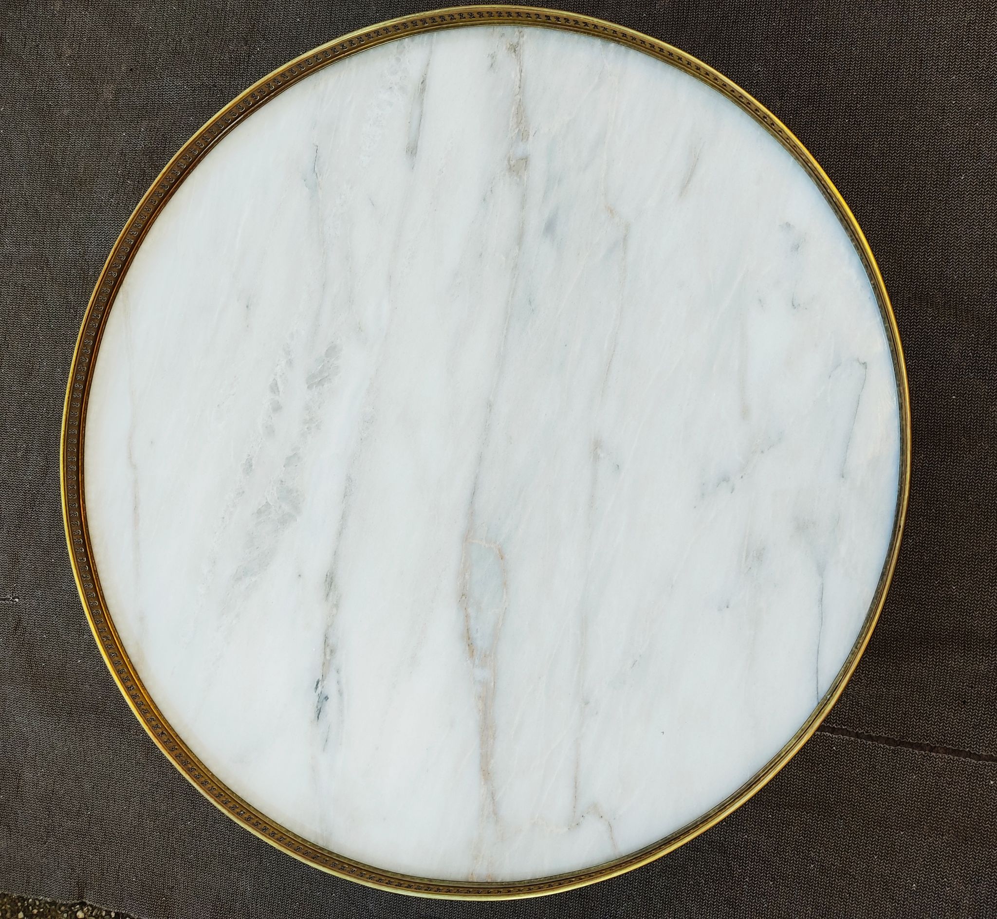 French hot water bottle table in Louis XVI style (1890); marble top and bronze gallery