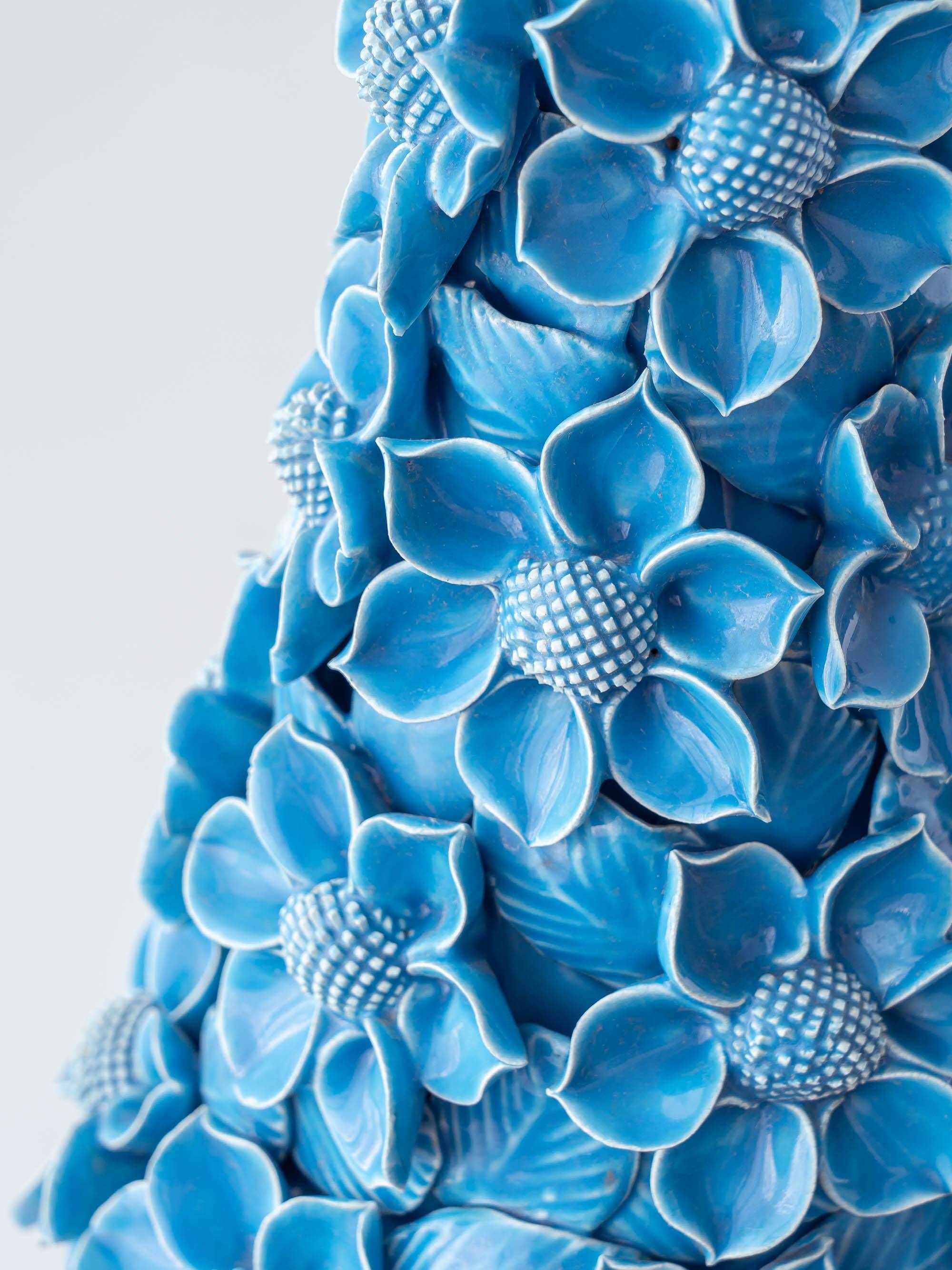 Turquoise glazed ceramic floral table lamp from Manises mid-century, with a new silk shade.