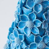 Turquoise glazed ceramic floral table lamp from Manises mid-century, with a new silk shade.