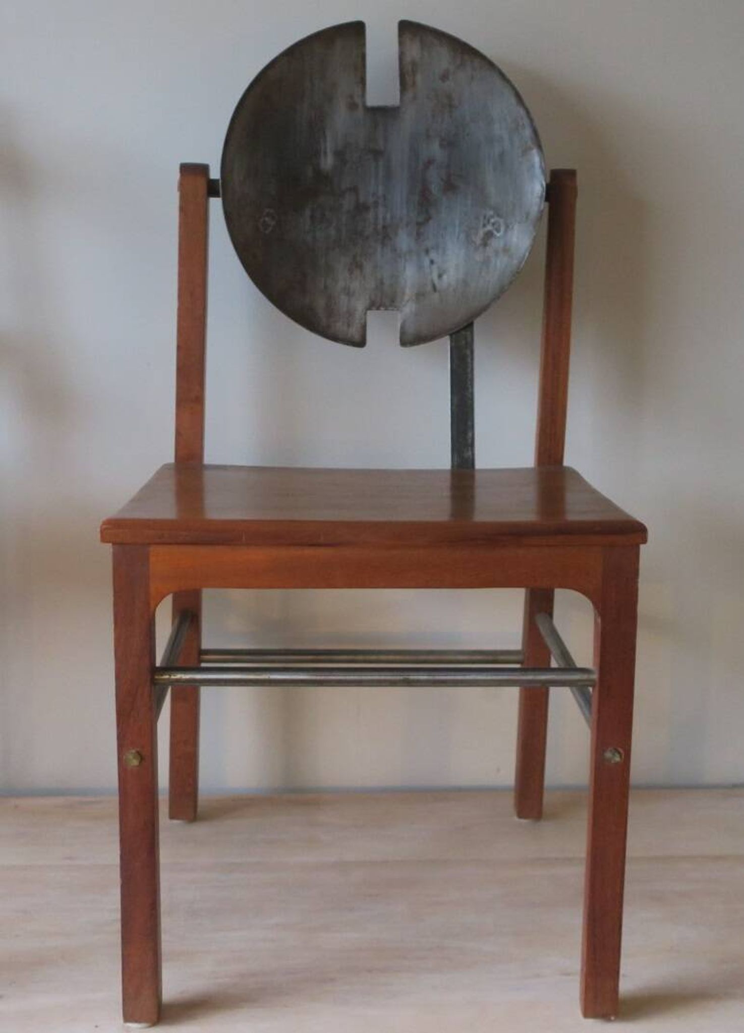 Brutalist 6 chairs and dining table in teak and patinated steel, 1960s