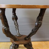 Pedestal table and its brutalist stools in vine stock around 1950