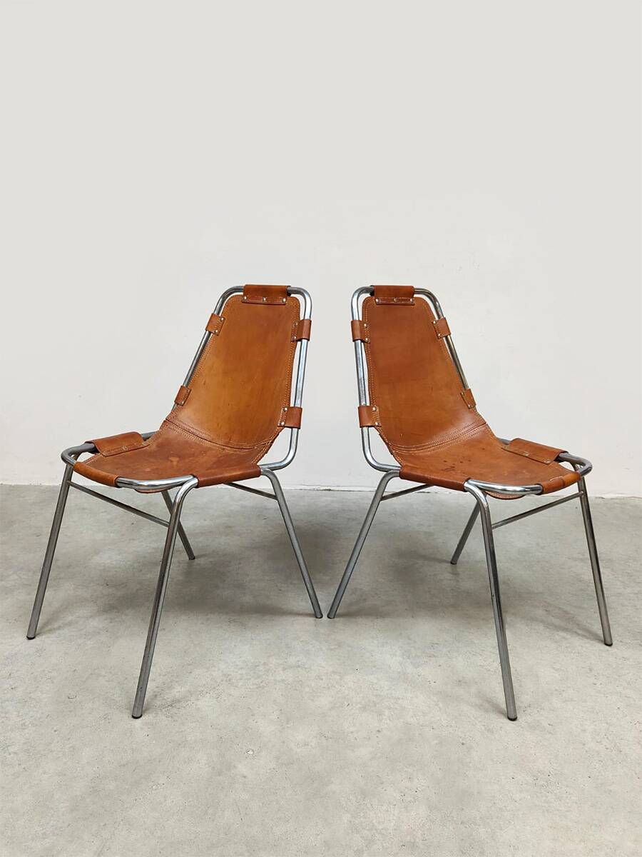Vintage Italian design Les Arcs chairs camel leather Charlotte Perriand for Dal Vera 1970s