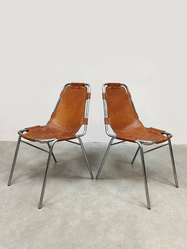 Chaises Les Arcs en cuir camel au design italien vintage de Charlotte Perriand pour Dal Vera des années 1970.