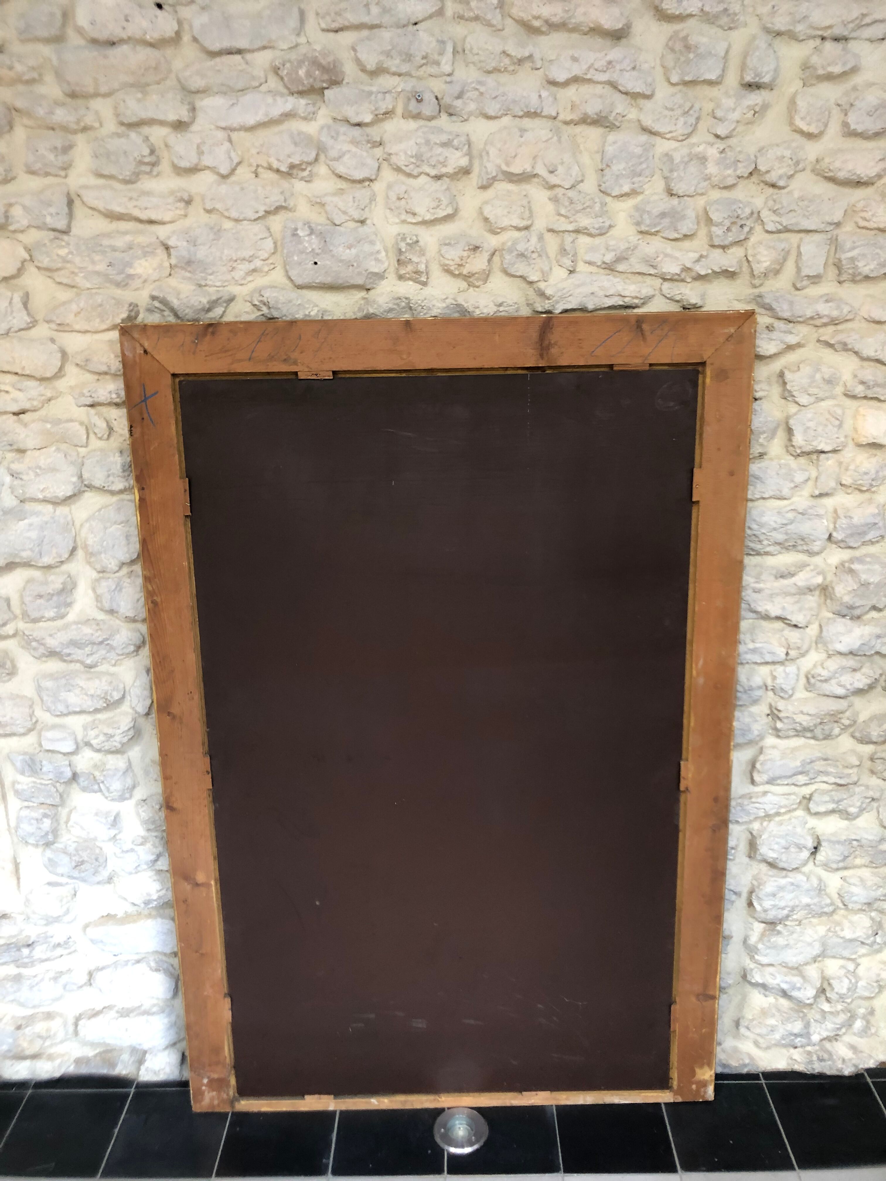 Old fireplace mirror 144cm/97.5cm, pearled, late 19th century, gilded with pricked ice leaf.