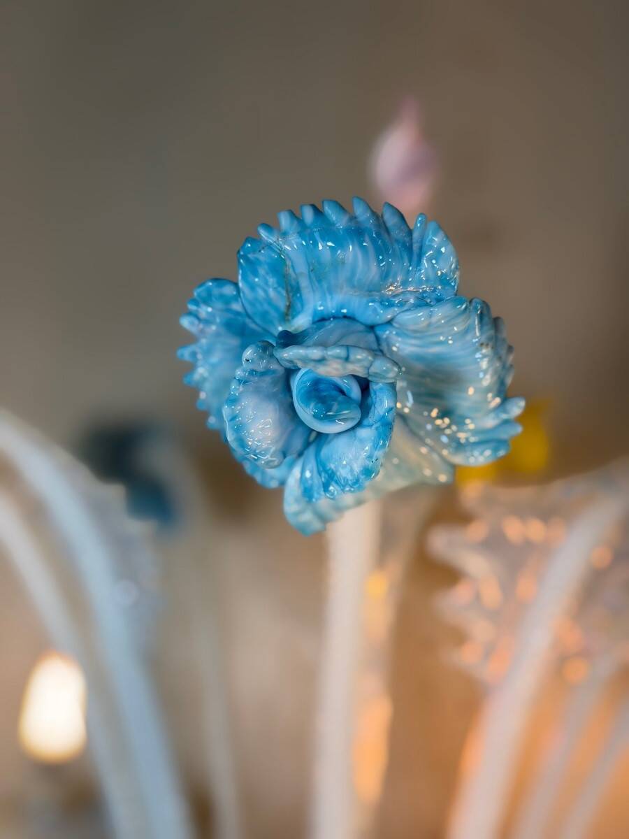 Multicoloured Venetian glass girandole from Murano with a dominant opaline blue, circa 1930.