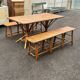 Vintage 1950s set: large table with tripod base and benches in woven chestnut