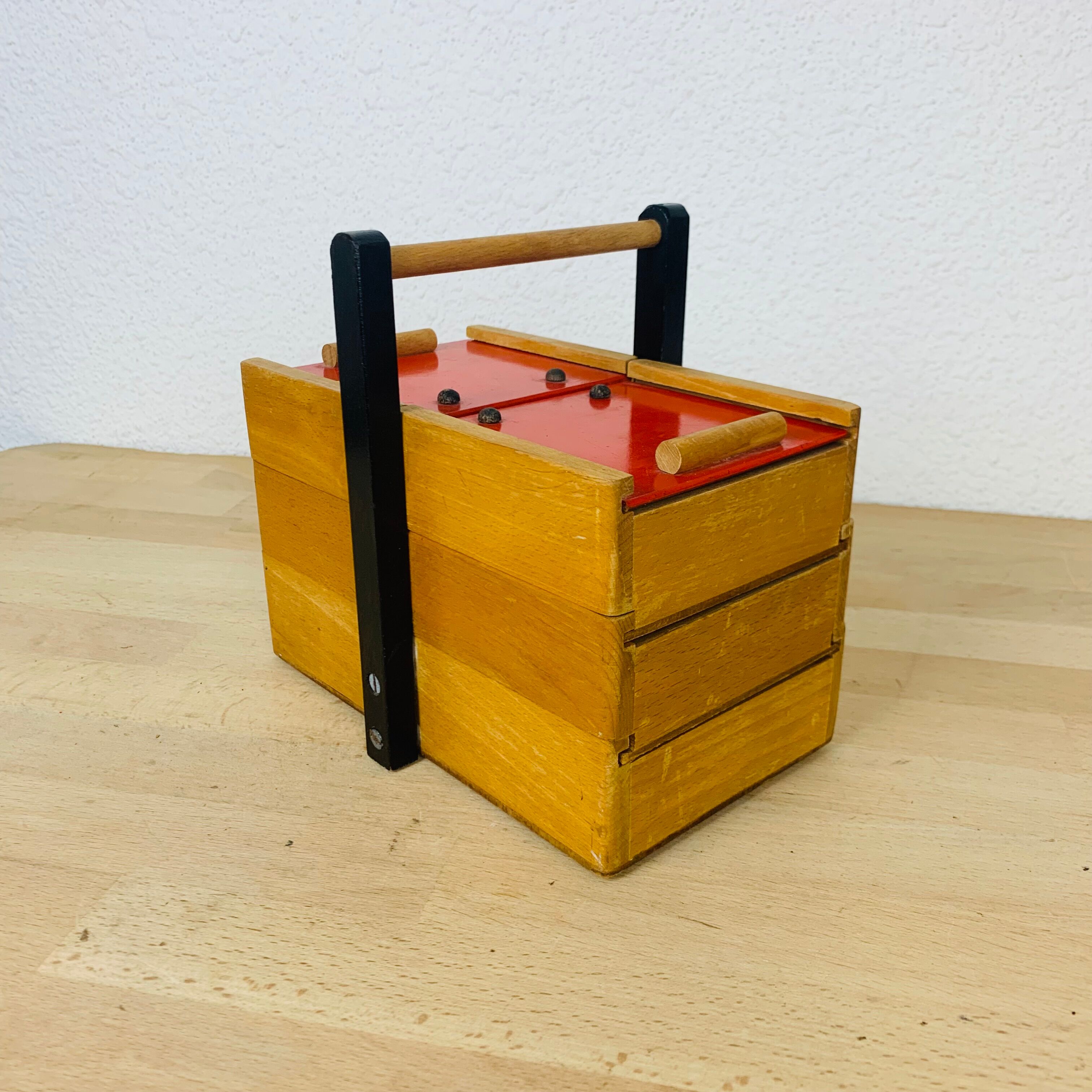 Red 50s wood worker, sewing box