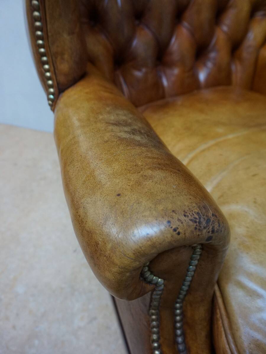 Vintage Cognac Leather Wingback Chesterfield Armchair, England 1940s