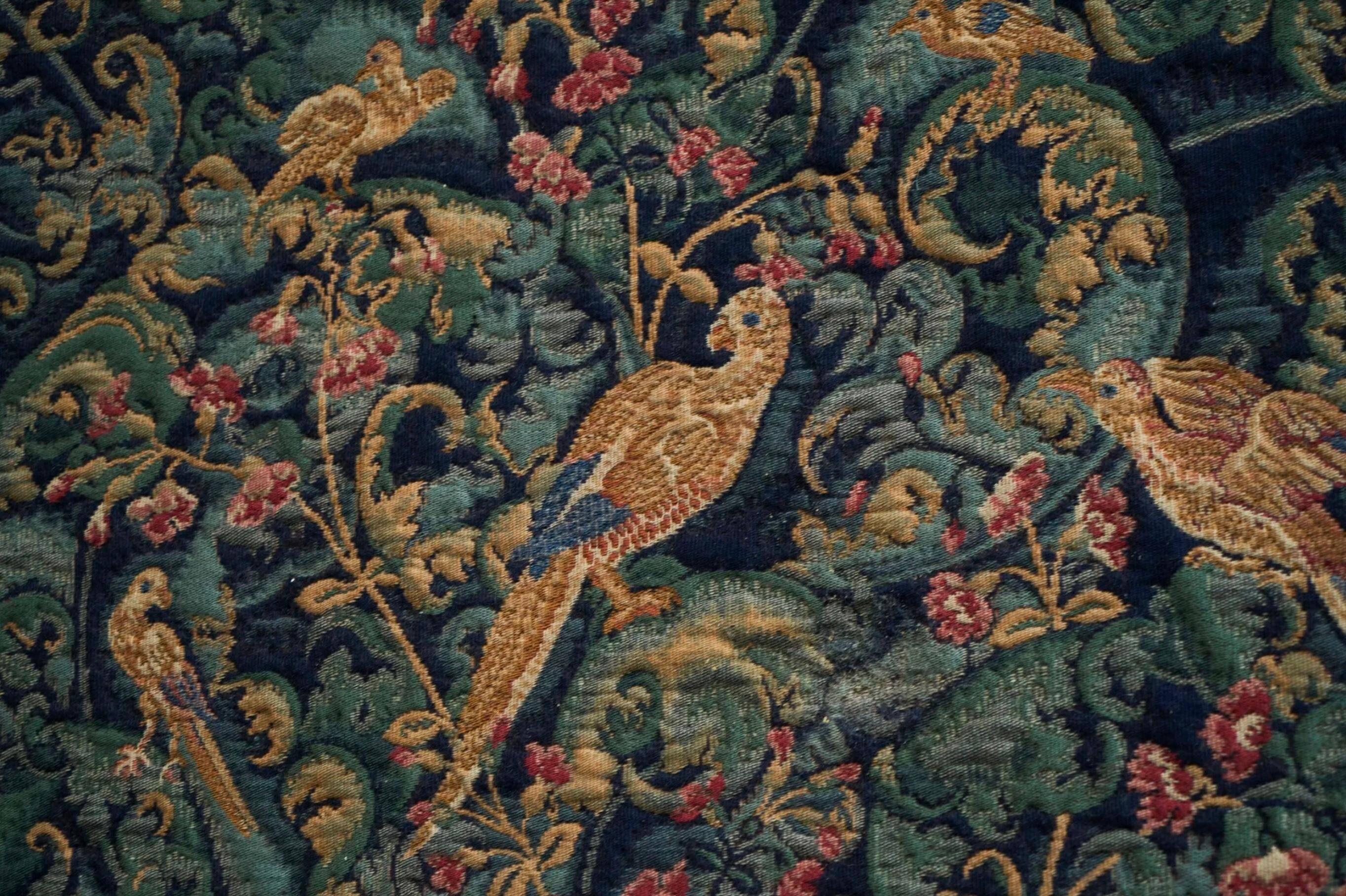 Mid Century wall tapestry with birds, animals, and leaves, Belgium 1960s.