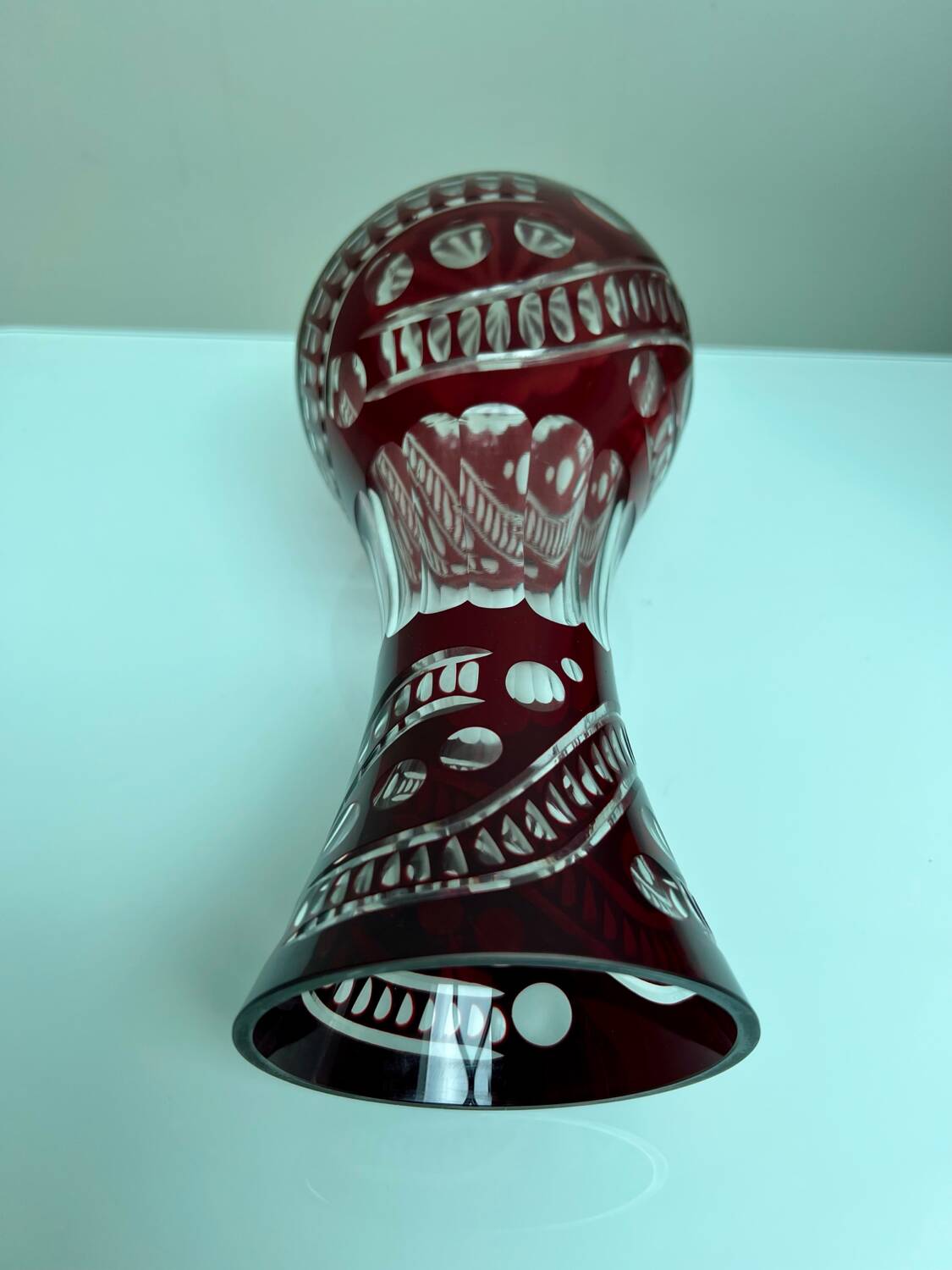 Bohemian crystal vase in ruby red color